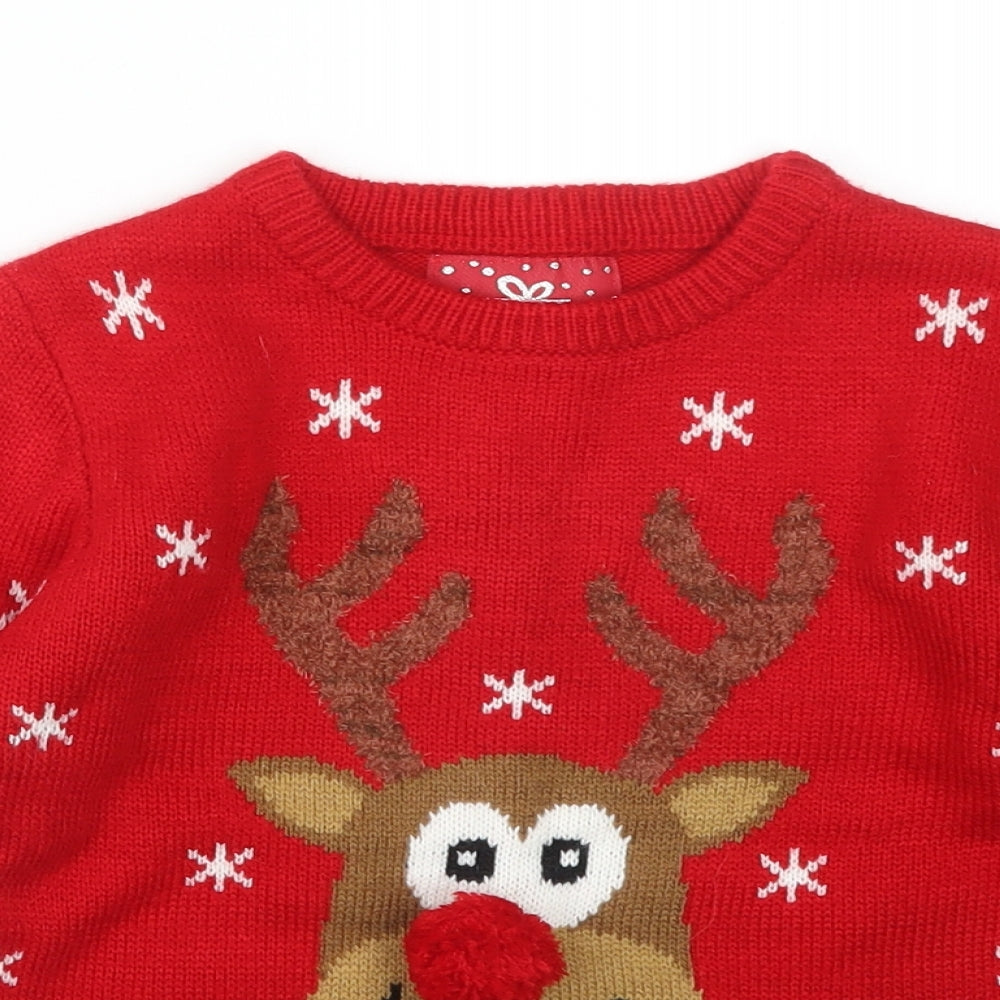 Primark Boys Red  Acrylic Pullover Sweatshirt Size 4-5 Years   - REINDEER, SNOWFLAKES