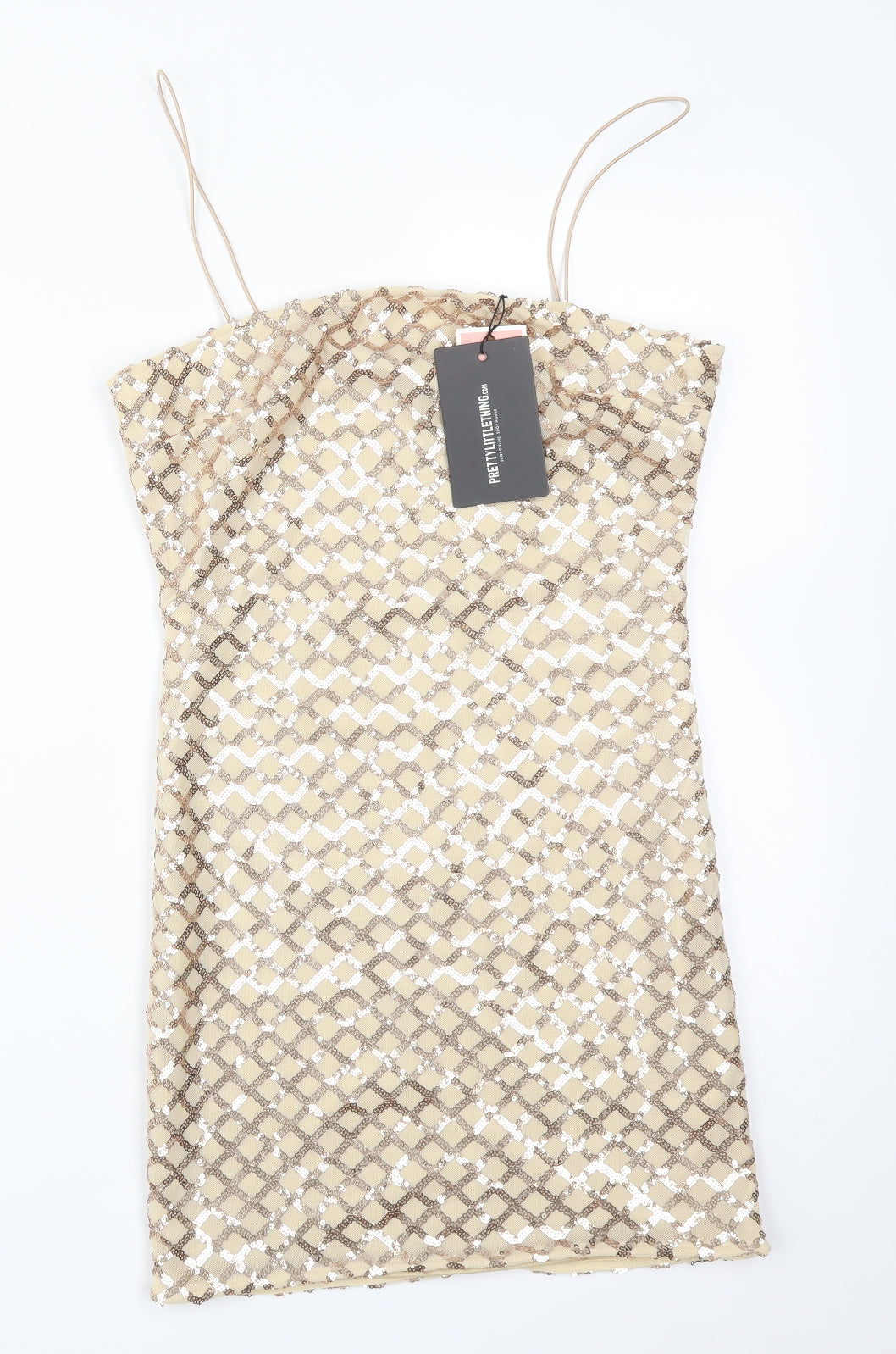 PRETTYLITTLETHING Womens Gold Argyle/Diamond Polyester Bodycon  Size 10
