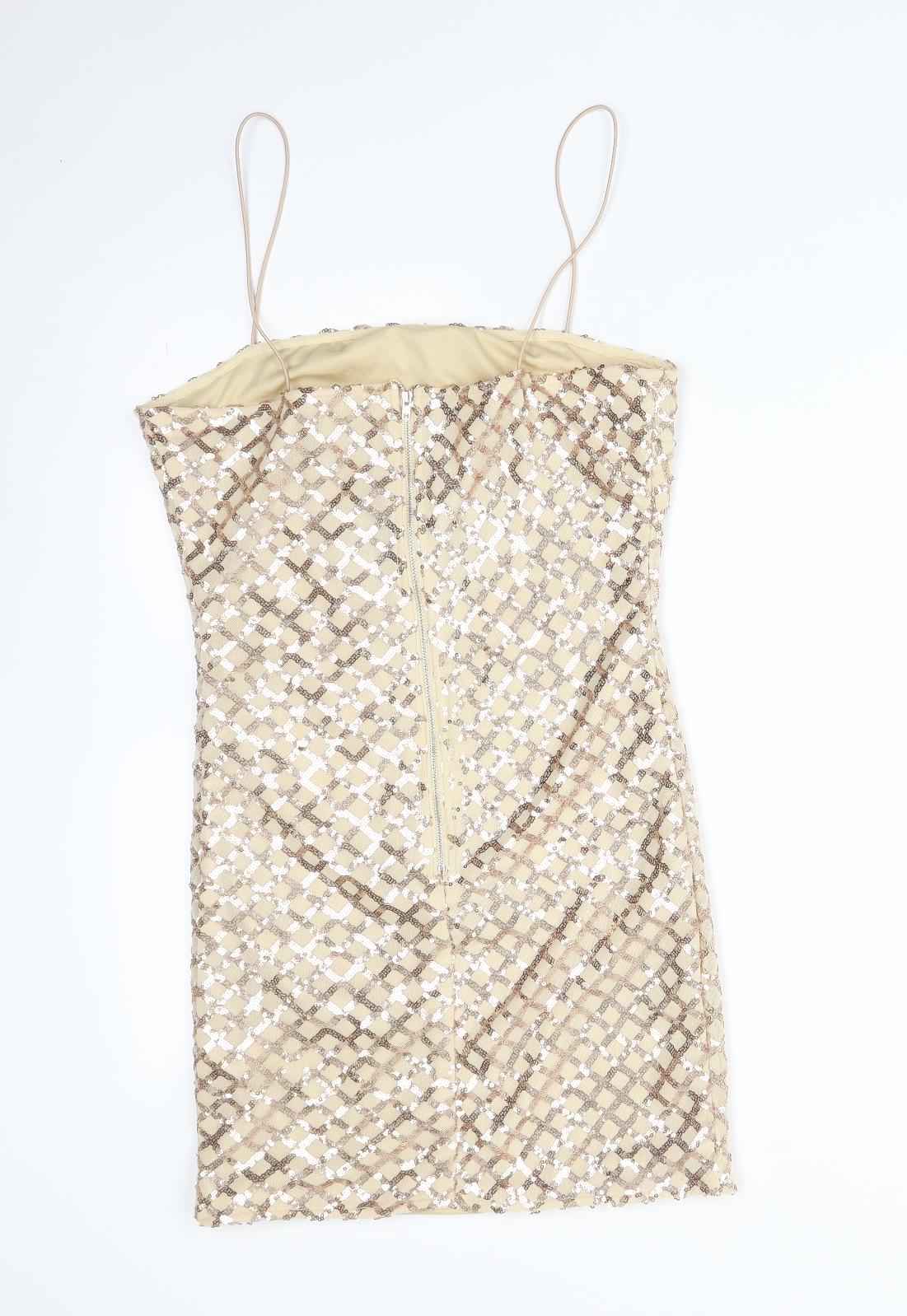 PRETTYLITTLETHING Womens Gold Argyle/Diamond Polyester Bodycon  Size 10