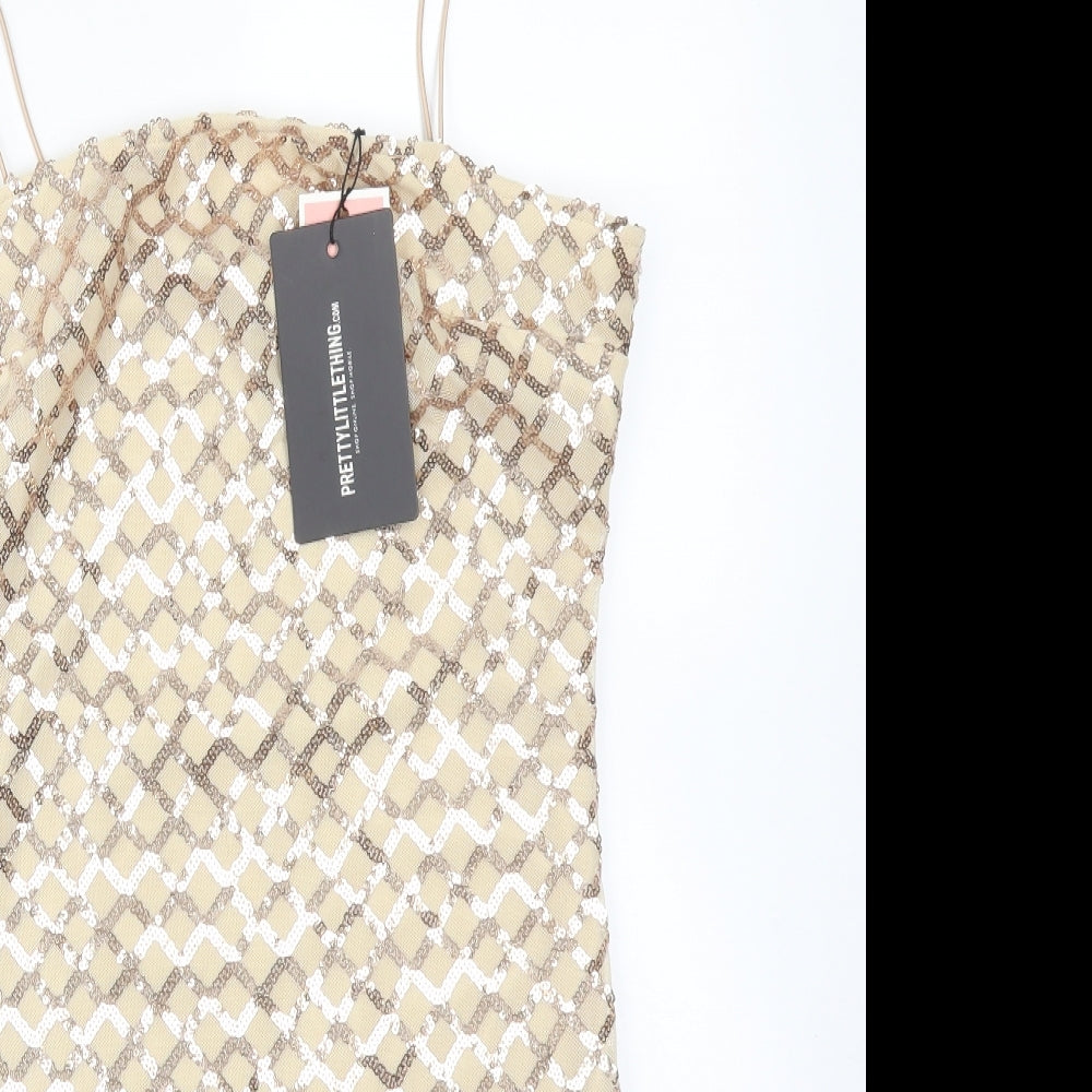 PRETTYLITTLETHING Womens Gold Argyle/Diamond Polyester Bodycon  Size 10