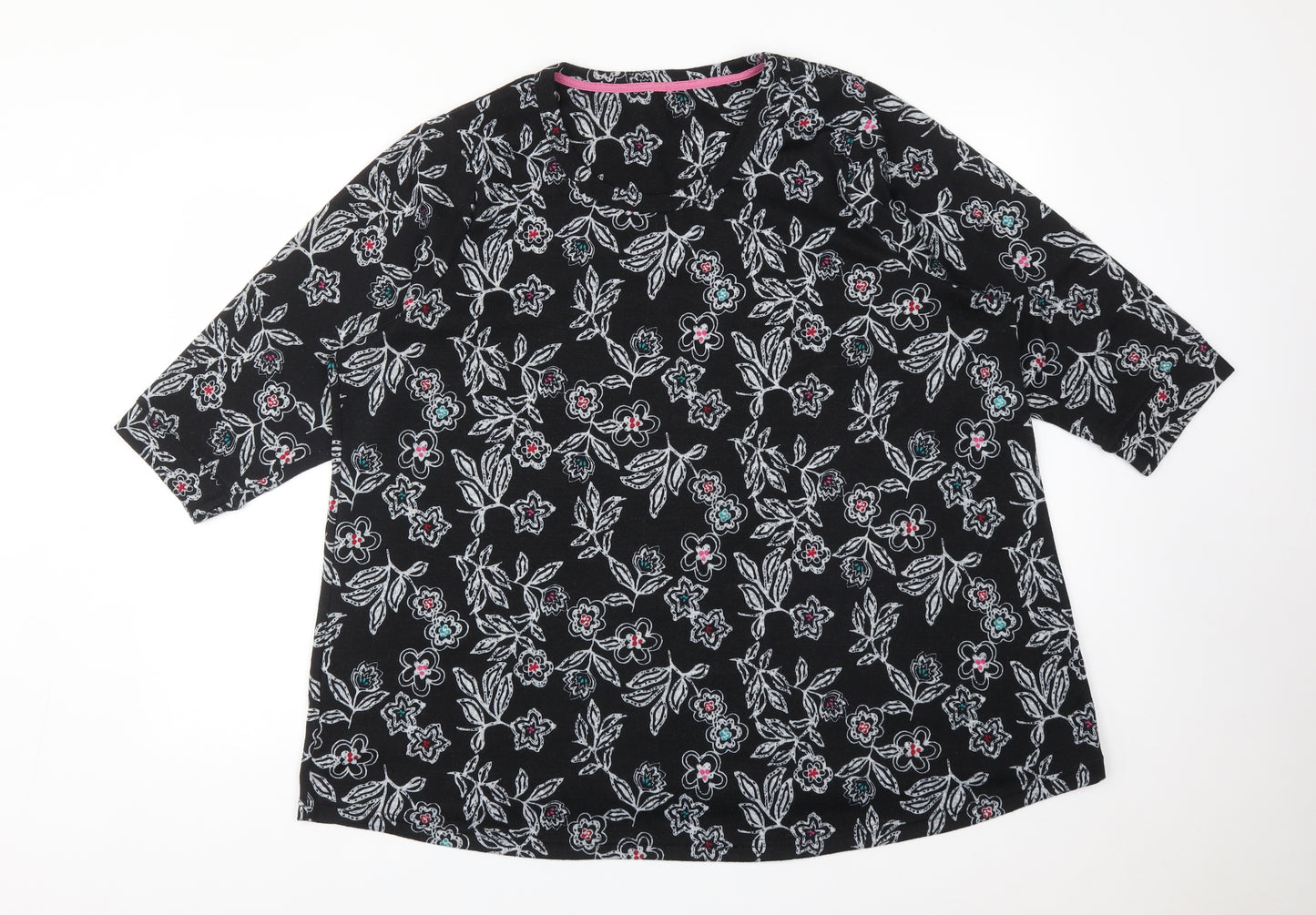 Preworn Womens Black Floral Polyester Basic T-Shirt Size 24 Round Neck