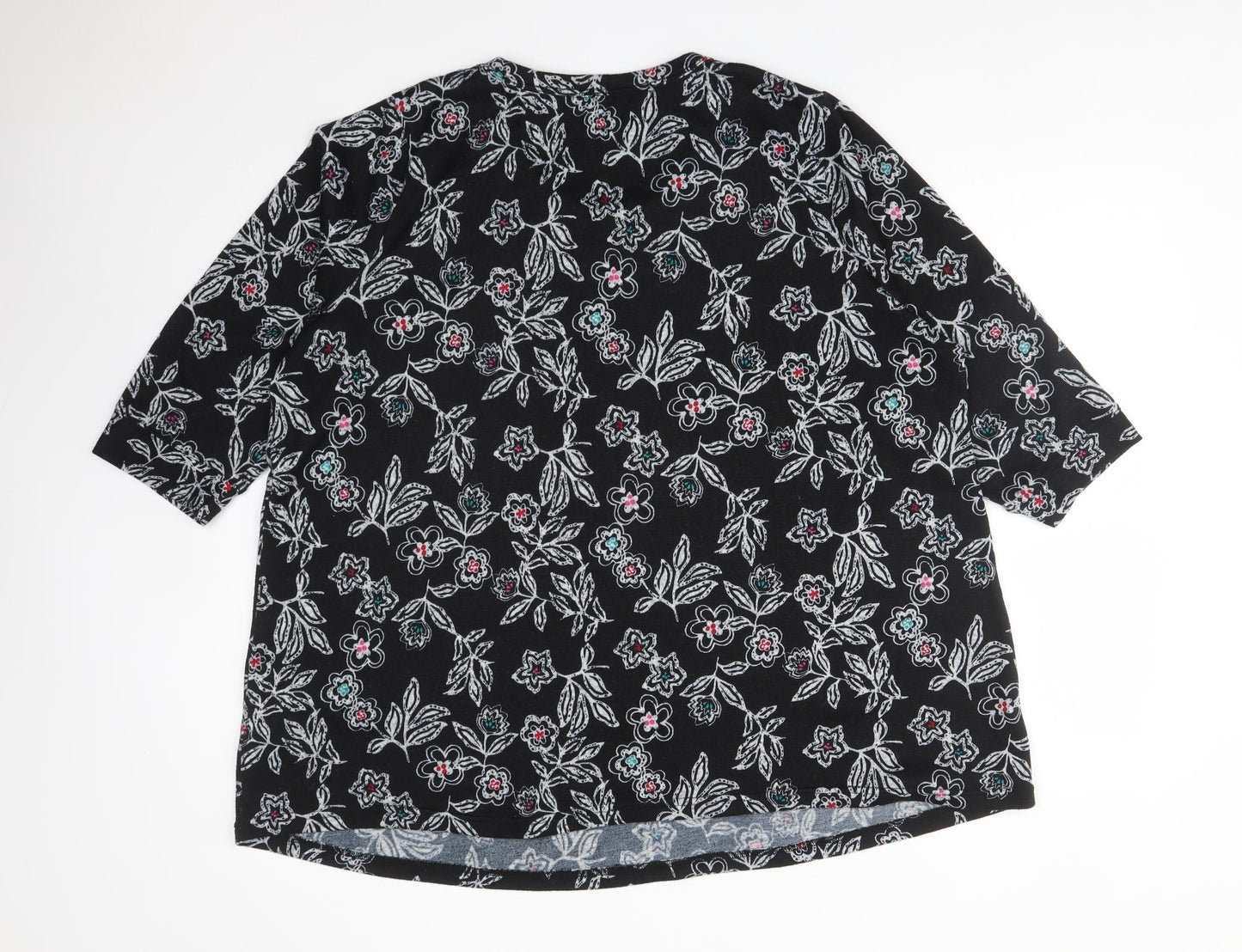 Preworn Womens Black Floral Polyester Basic T-Shirt Size 24 Round Neck