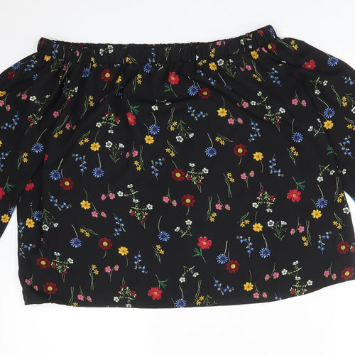 Papaya Womens Black Floral Polyester Basic T-Shirt Size 12 Off the Shoulder