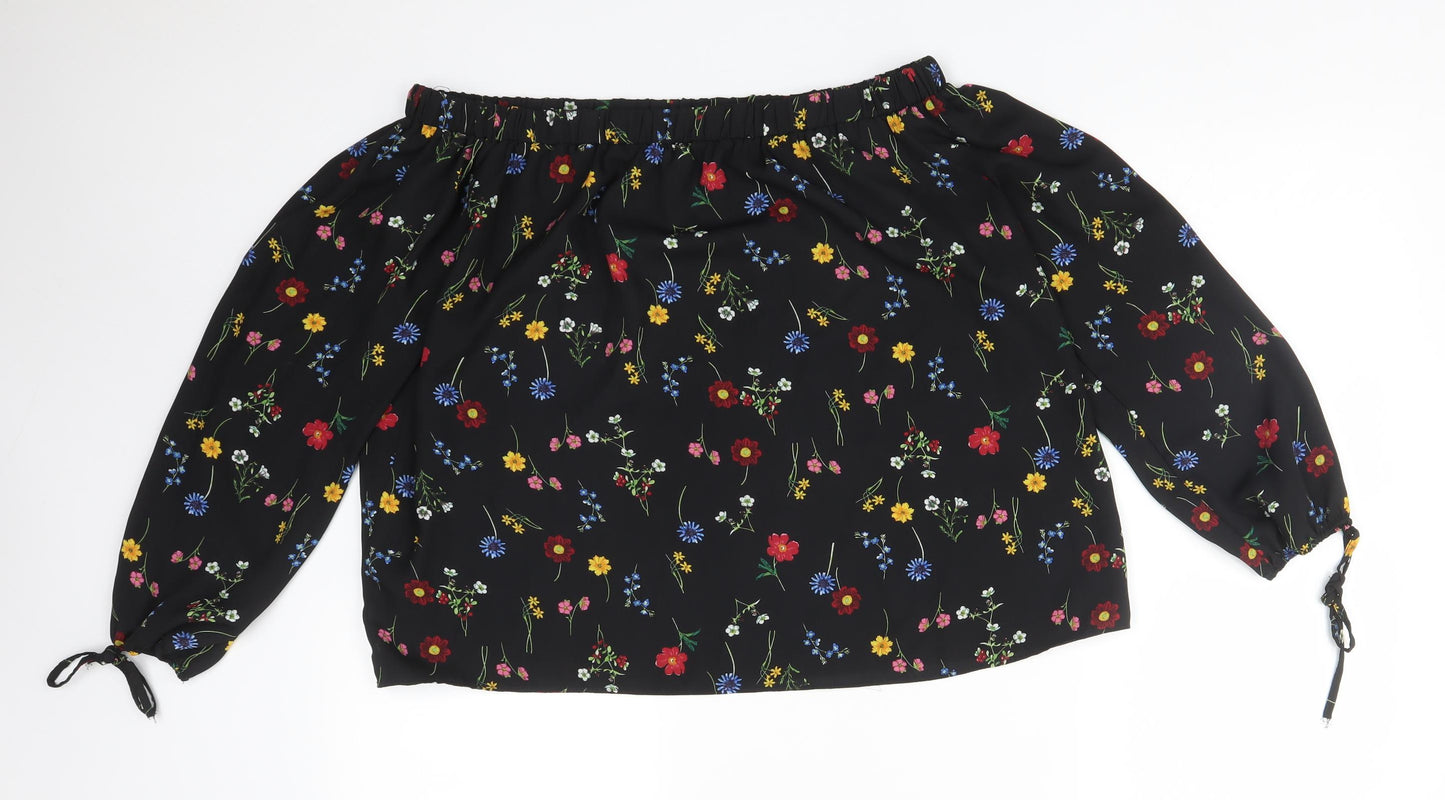 Papaya Womens Black Floral Polyester Basic T-Shirt Size 12 Off the Shoulder