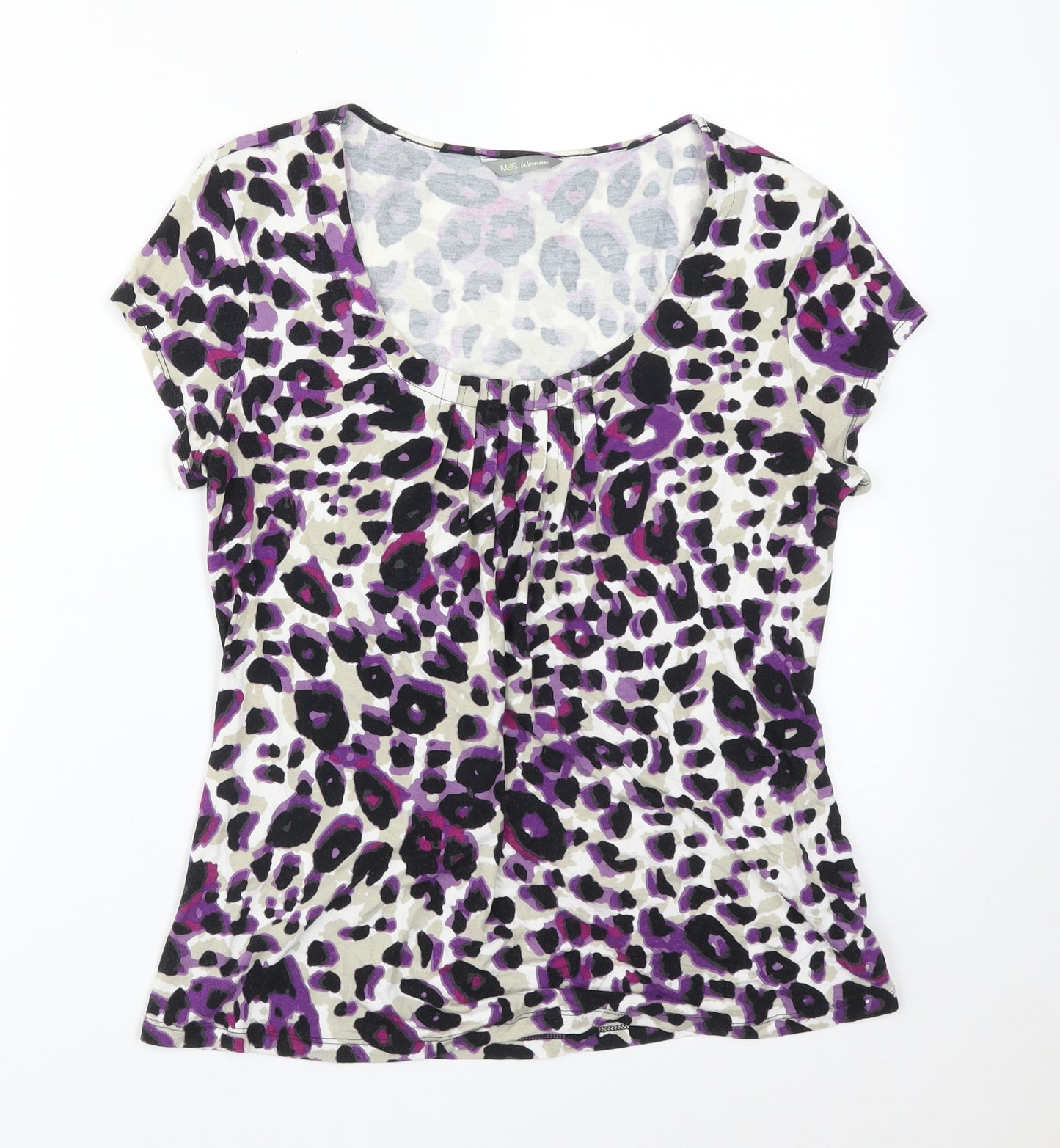 M&S Womens Multicoloured Animal Print Viscose Basic T-Shirt Size 8 Scoop Neck