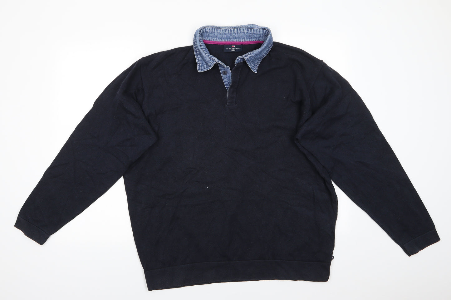 Blue Harbour Mens Blue Collared  Cotton Pullover Jumper Size XL   - Dark Navy with Denim like collar
