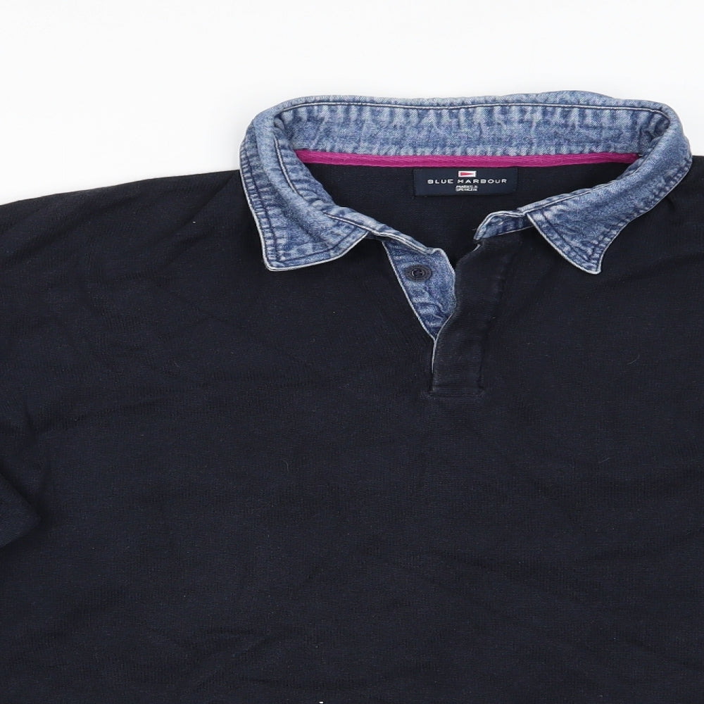 Blue Harbour Mens Blue Collared  Cotton Pullover Jumper Size XL   - Dark Navy with Denim like collar