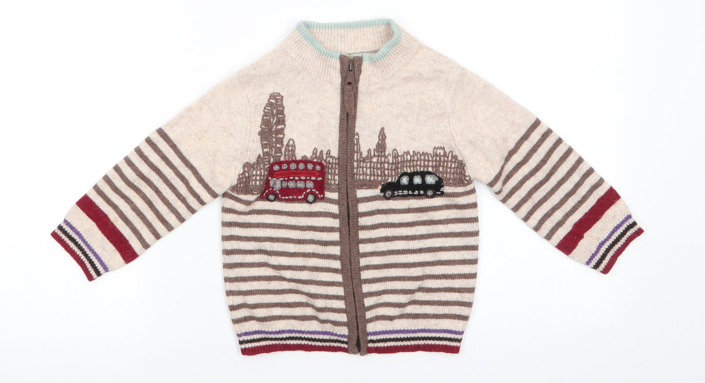 Monsoon Boys Beige High Neck Striped Wool Cardigan Jumper Size 2-3 Years  Zip - Bus & Car Streetscape