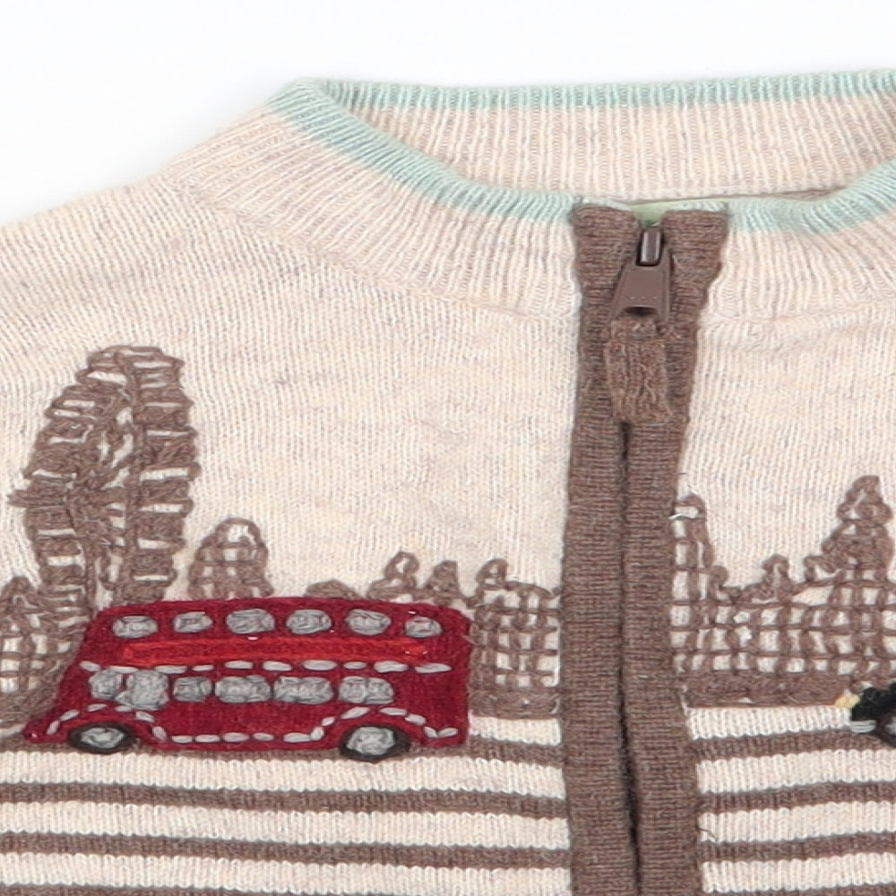 Monsoon Boys Beige High Neck Striped Wool Cardigan Jumper Size 2-3 Years  Zip - Bus & Car Streetscape