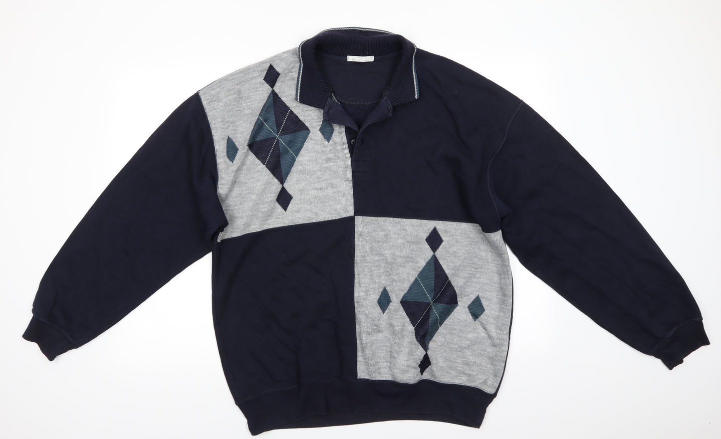 Marks and Spencer Mens Blue Collared Argyle/Diamond Cotton Pullover Jumper Size L   - Navy Blue Grey