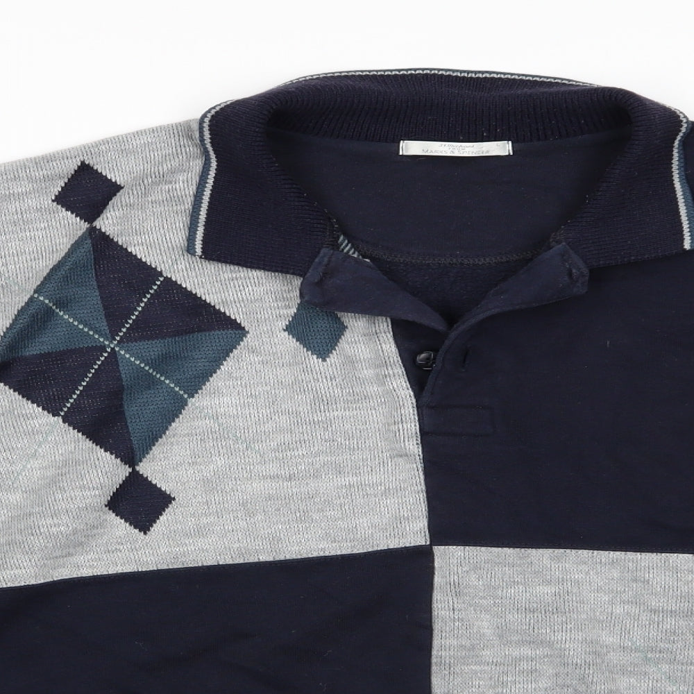 Marks and Spencer Mens Blue Collared Argyle/Diamond Cotton Pullover Jumper Size L   - Navy Blue Grey