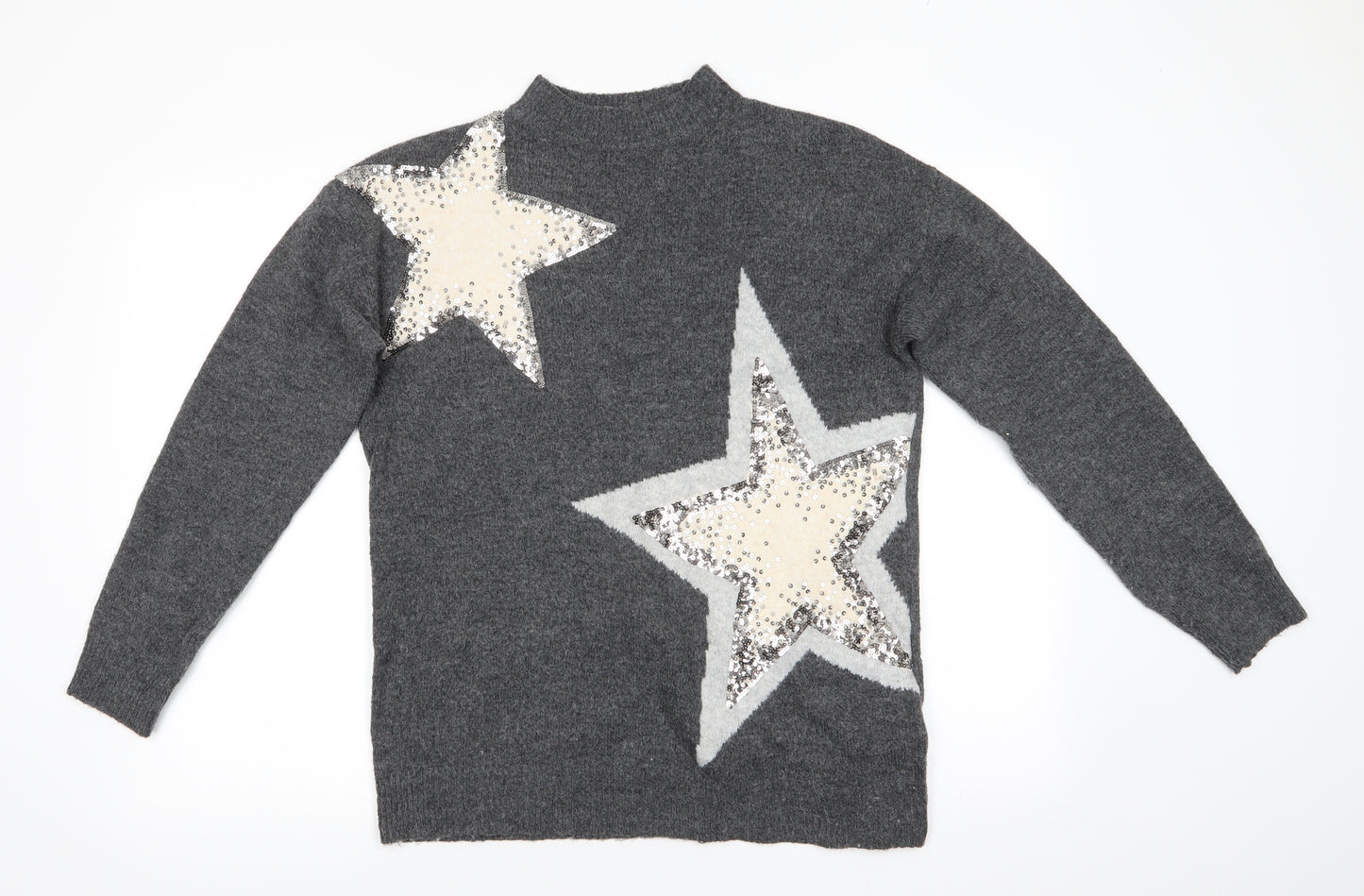 Marks and Spencer Womens Grey High Neck  Polyester Pullover Jumper Size S   - Mid Grey Sequinned Stars