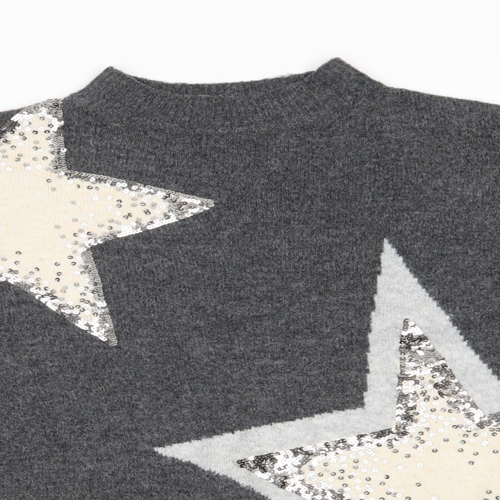 Marks and Spencer Womens Grey High Neck  Polyester Pullover Jumper Size S   - Mid Grey Sequinned Stars