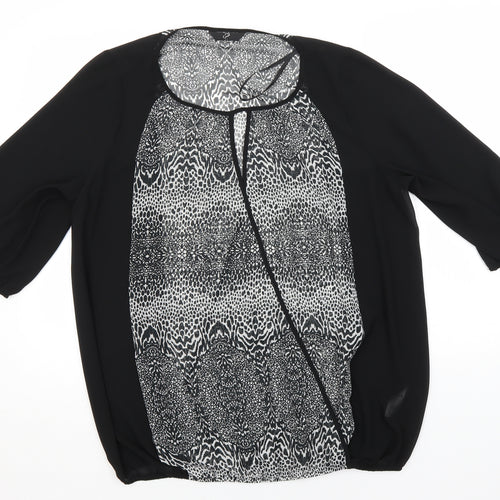 Arcadia Womens Black Animal Print Polyester Basic Blouse Size 16 Round Neck