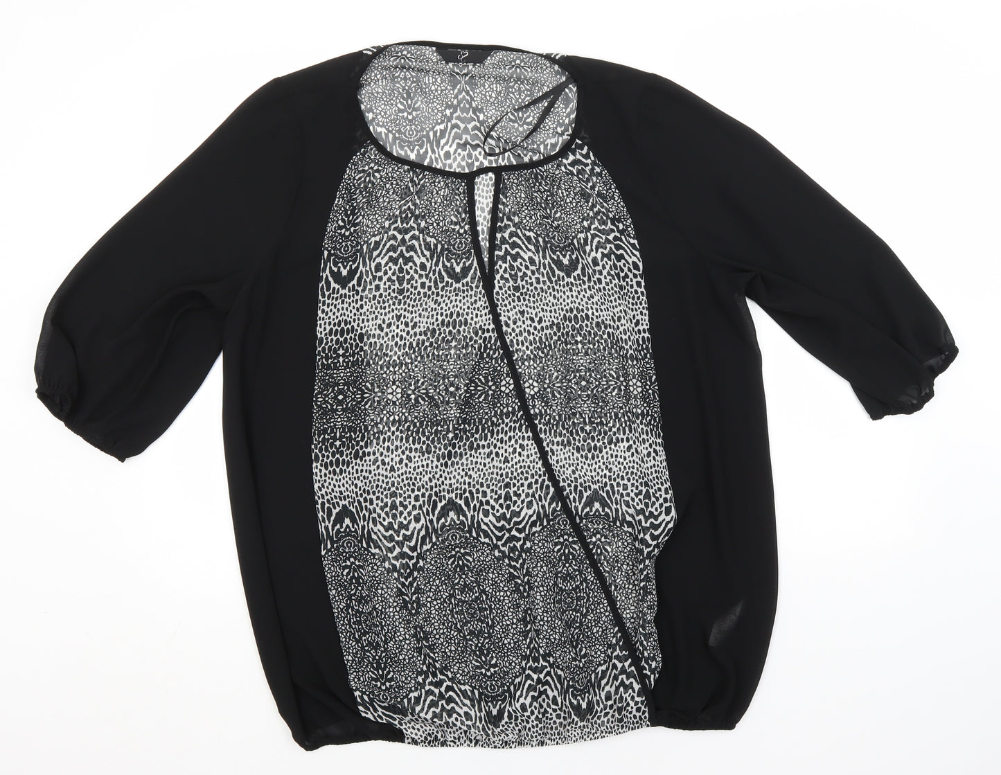 Arcadia Womens Black Animal Print Polyester Basic Blouse Size 16 Round Neck