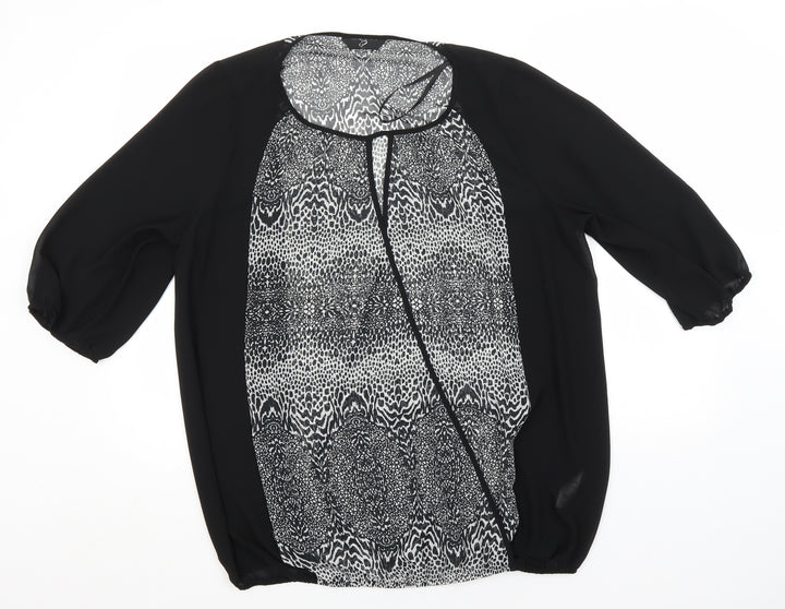 Arcadia Womens Black Animal Print Polyester Basic Blouse Size 16 Round Neck