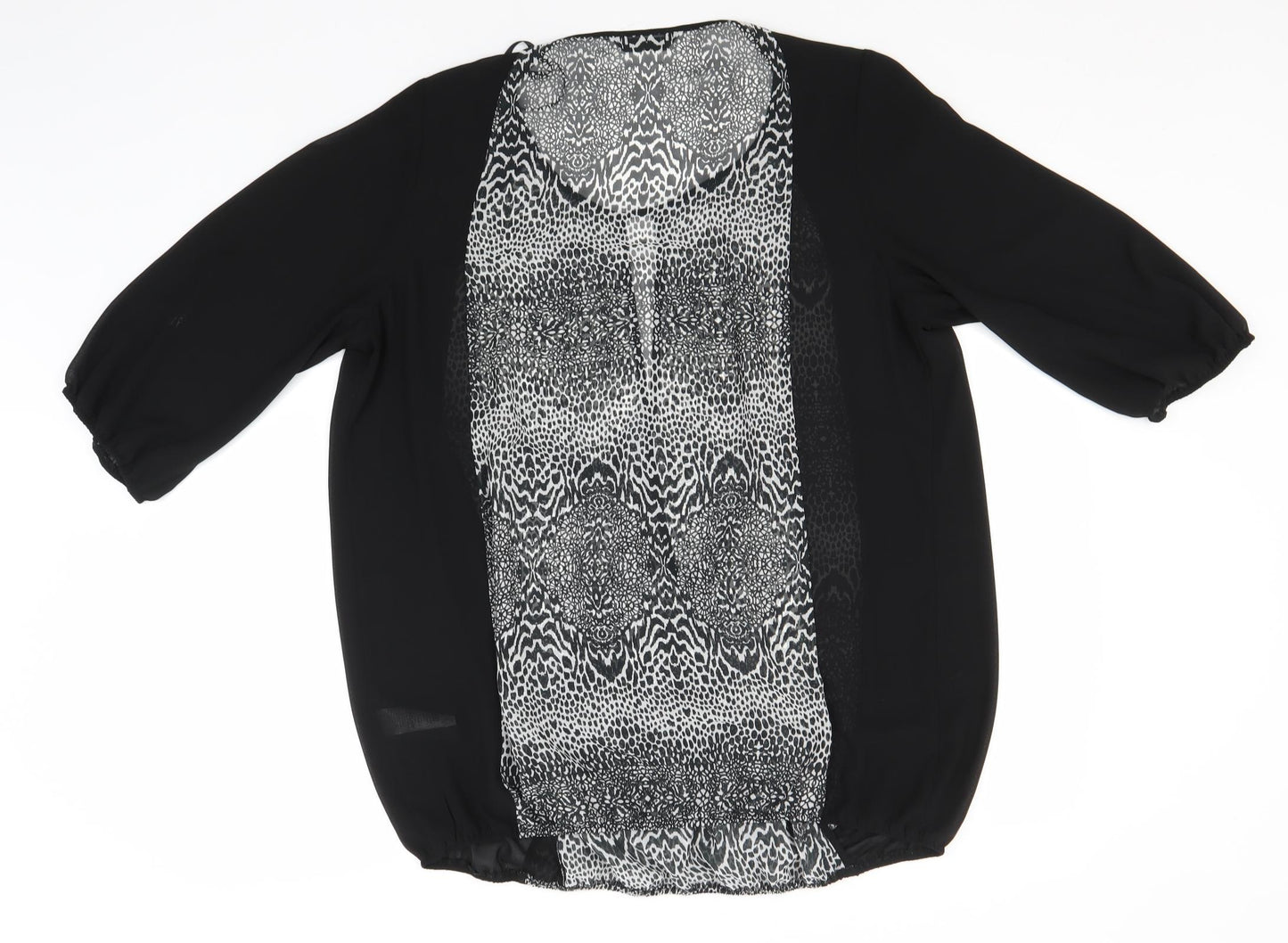 Arcadia Womens Black Animal Print Polyester Basic Blouse Size 16 Round Neck