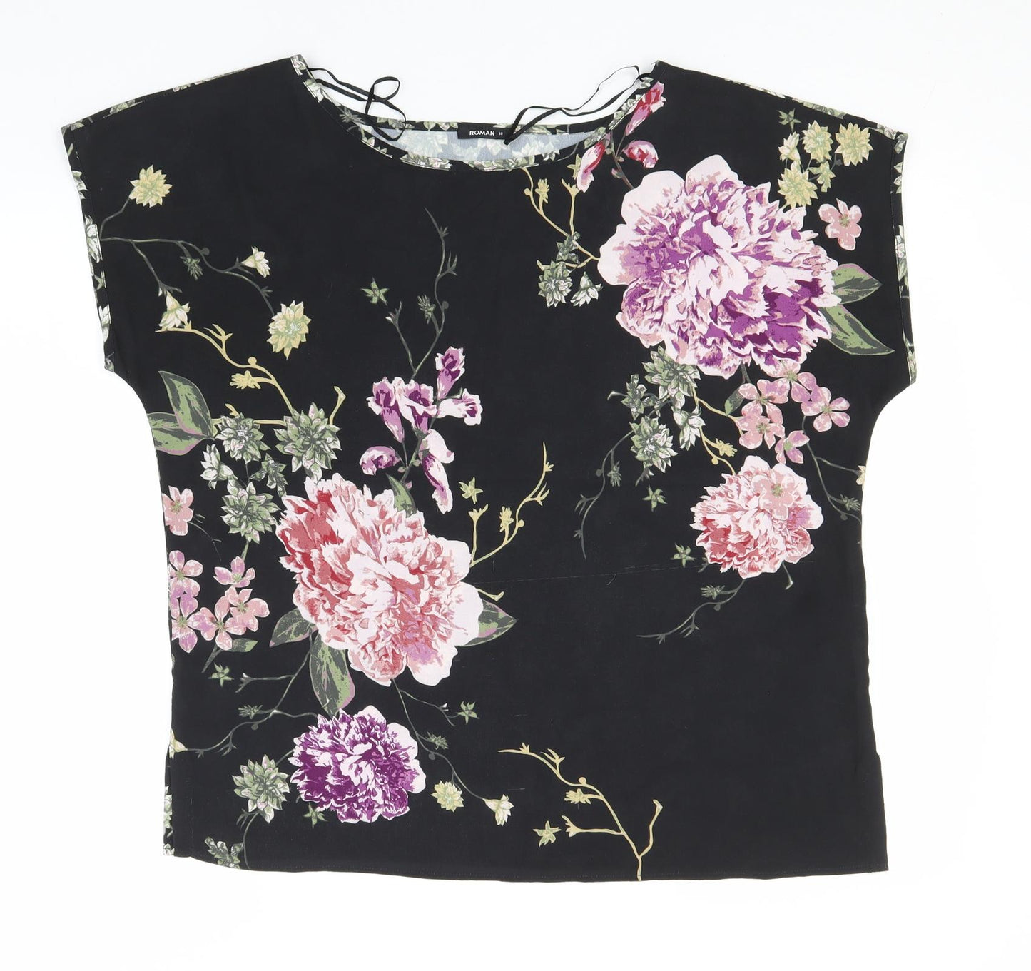 Roman Womens Black Floral Polyester Basic T-Shirt Size 16 Round Neck