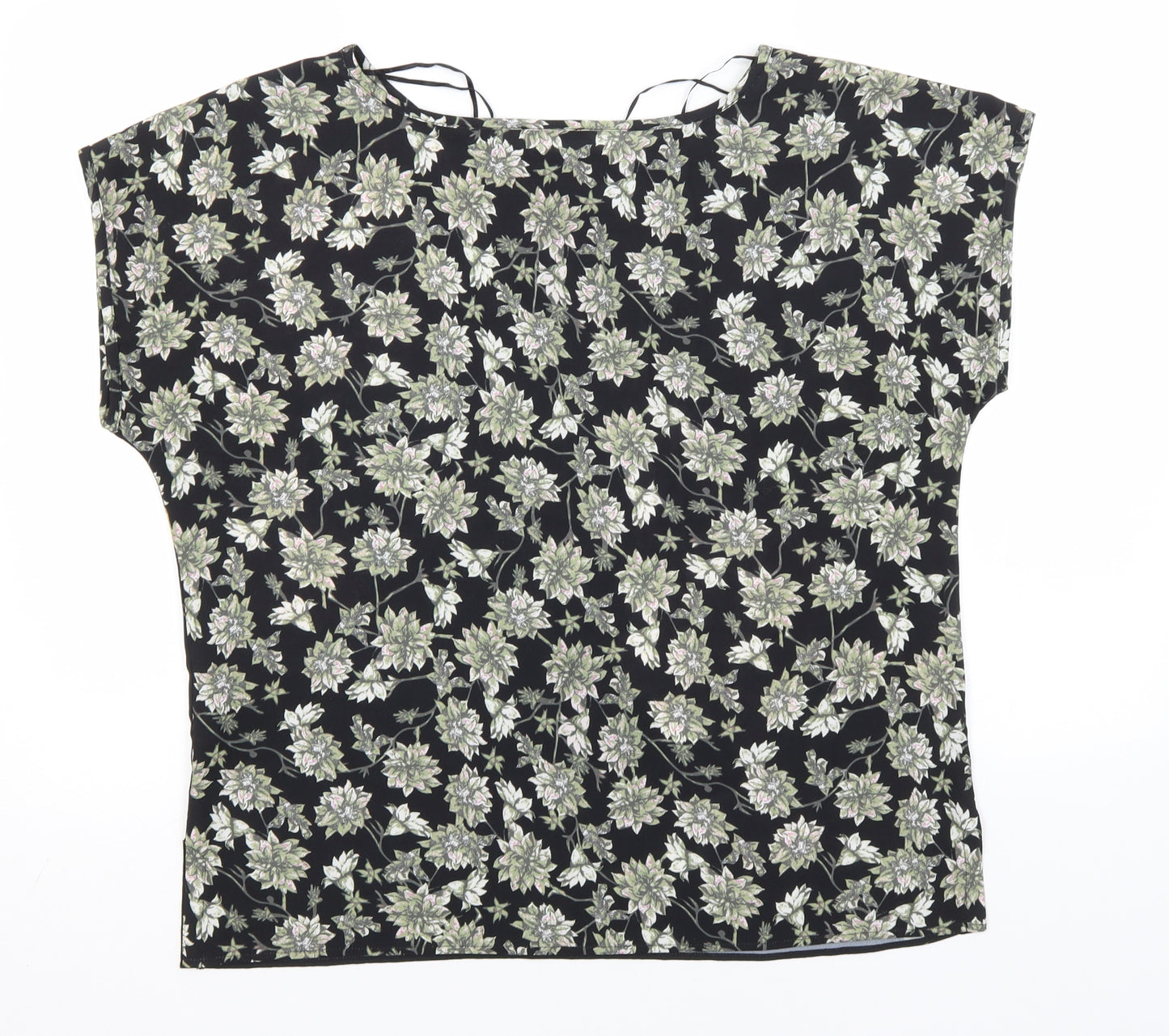 Roman Womens Black Floral Polyester Basic T-Shirt Size 16 Round Neck