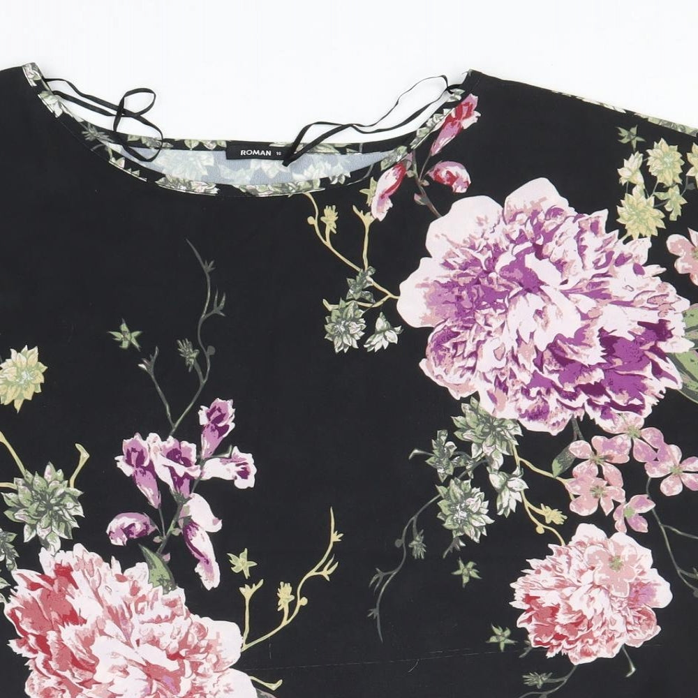 Roman Womens Black Floral Polyester Basic T-Shirt Size 16 Round Neck