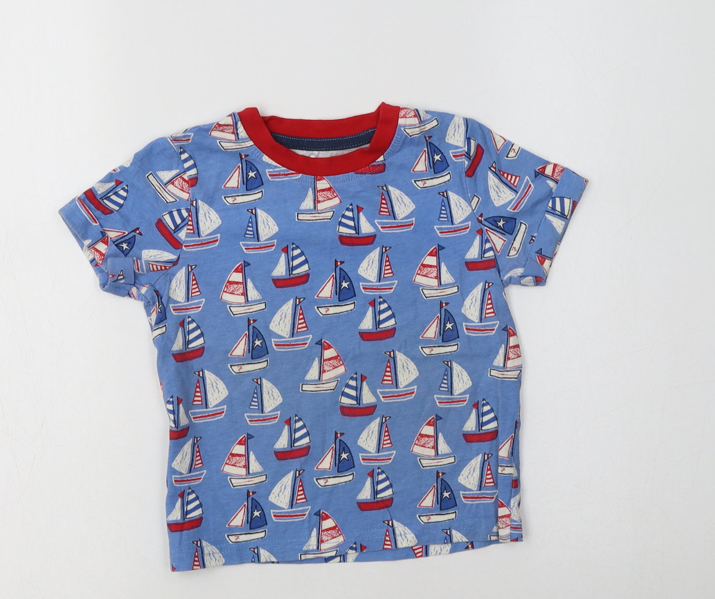 George Boys Blue  Cotton Basic T-Shirt Size 2-3 Years Crew Neck  - Boat Print
