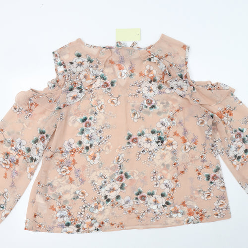 Peacocs Womens Beige Floral Polyester Basic Blouse Size 22 Round Neck - Cold Shoulder