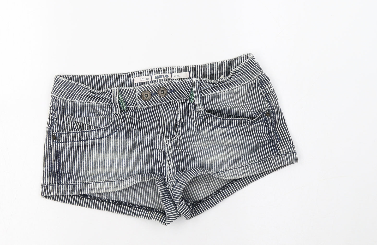Topshop Womens Blue Striped Cotton Hot Pants Shorts Size 10 L3 in Regular Button