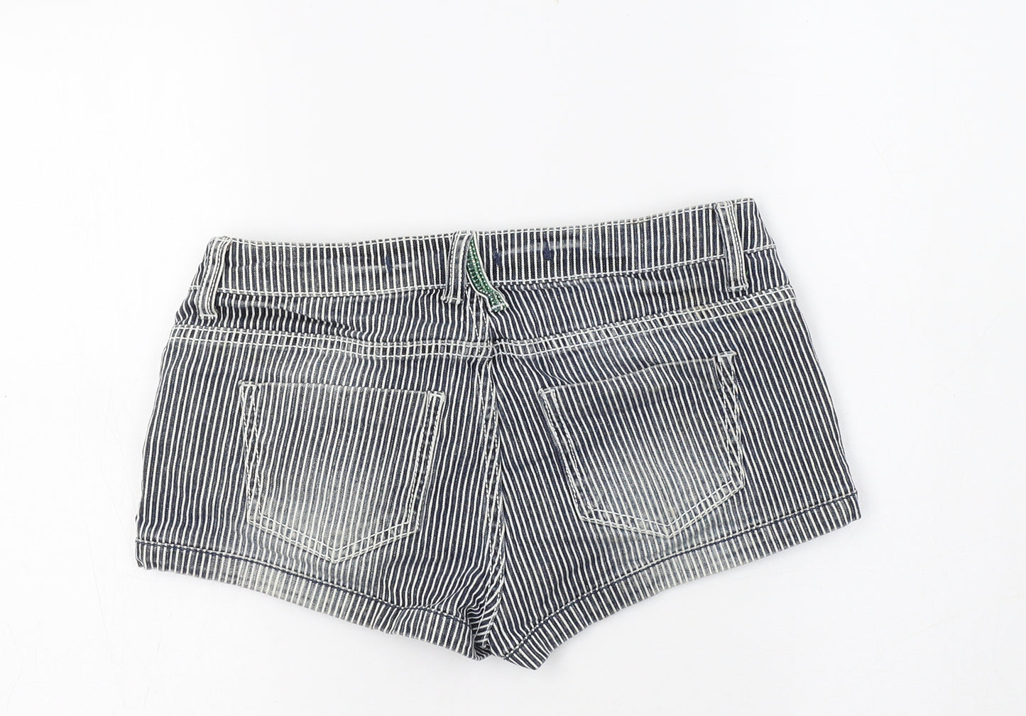 Topshop Womens Blue Striped Cotton Hot Pants Shorts Size 10 L3 in Regular Button