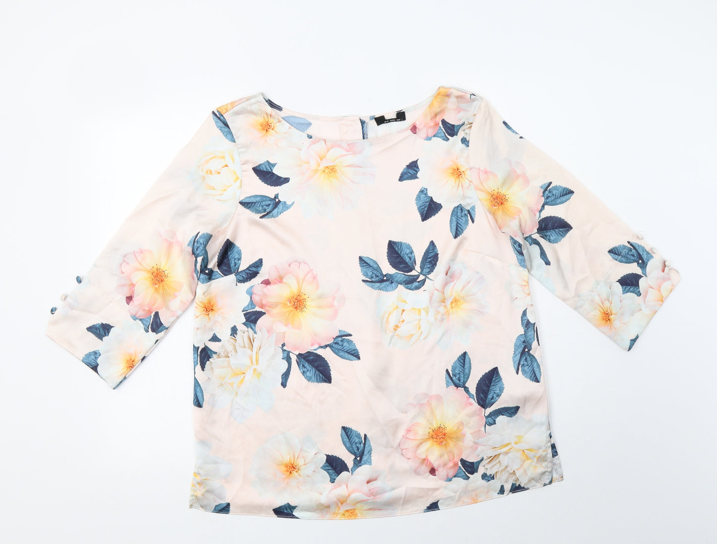Preworn Womens Pink Floral Polyester Basic Blouse Size 14 Boat Neck