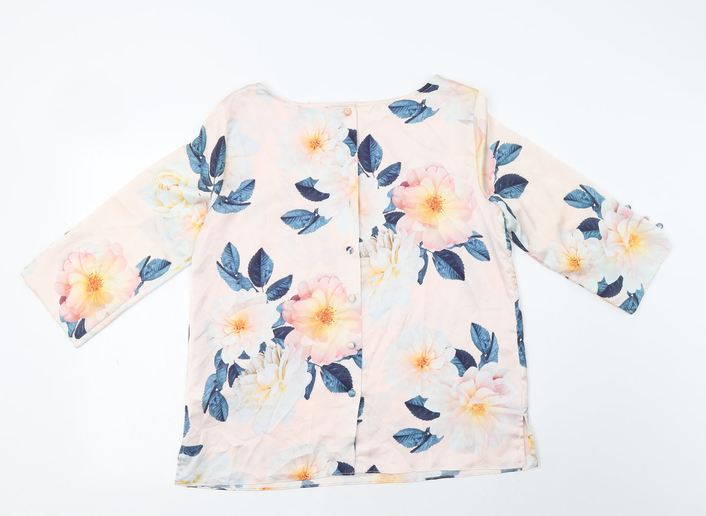 Preworn Womens Pink Floral Polyester Basic Blouse Size 14 Boat Neck