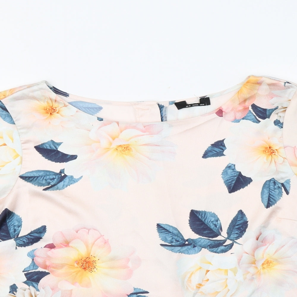 Preworn Womens Pink Floral Polyester Basic Blouse Size 14 Boat Neck