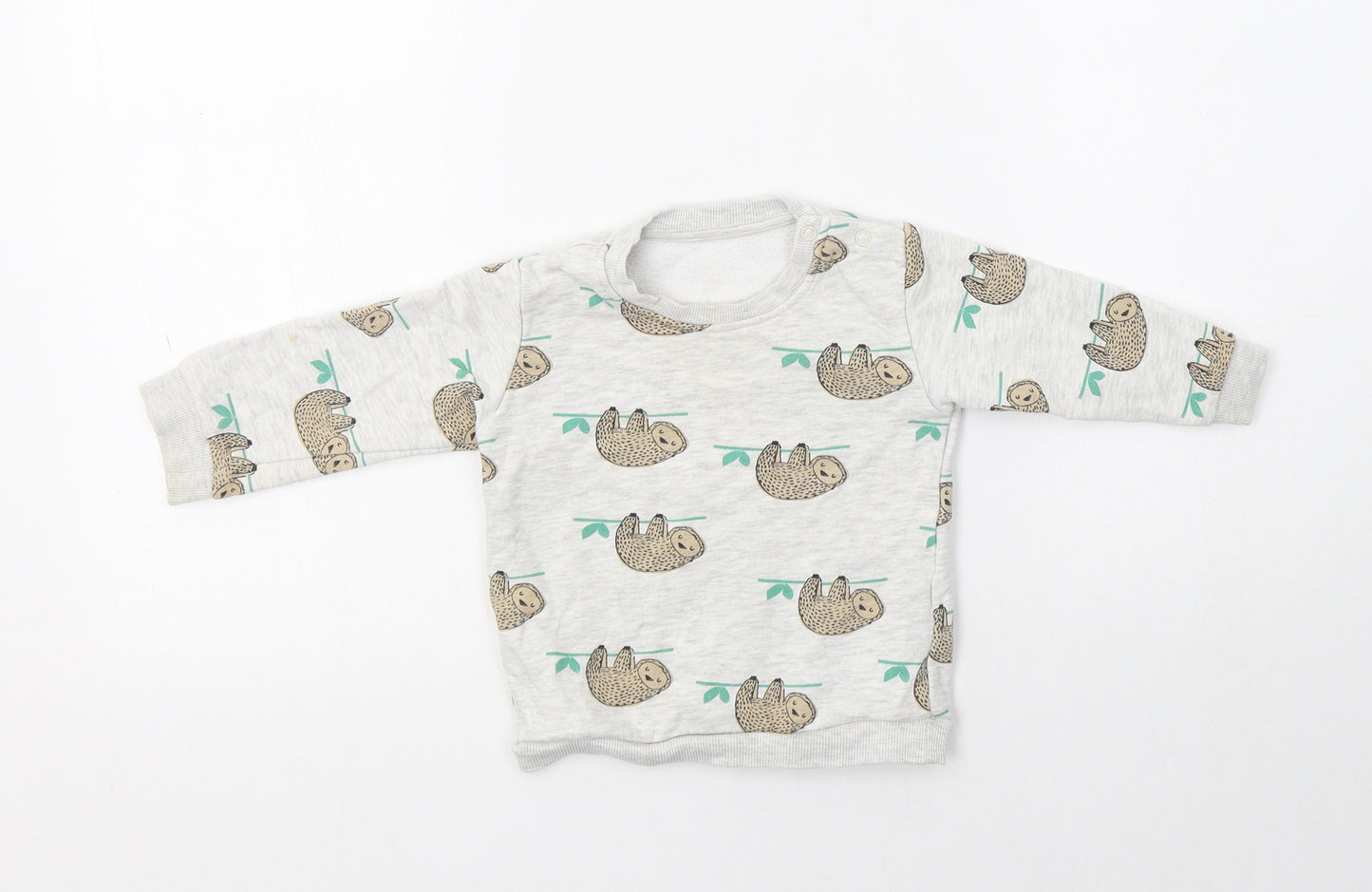 M&S Baby Grey  Cotton Pullover Jumper Size 9-12 Months  Buckle - Sloth Print