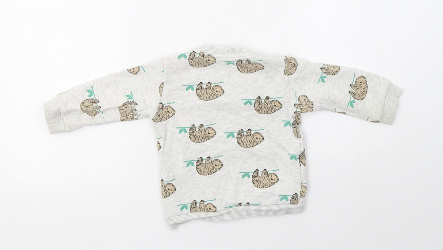 M&S Baby Grey  Cotton Pullover Jumper Size 9-12 Months  Buckle - Sloth Print