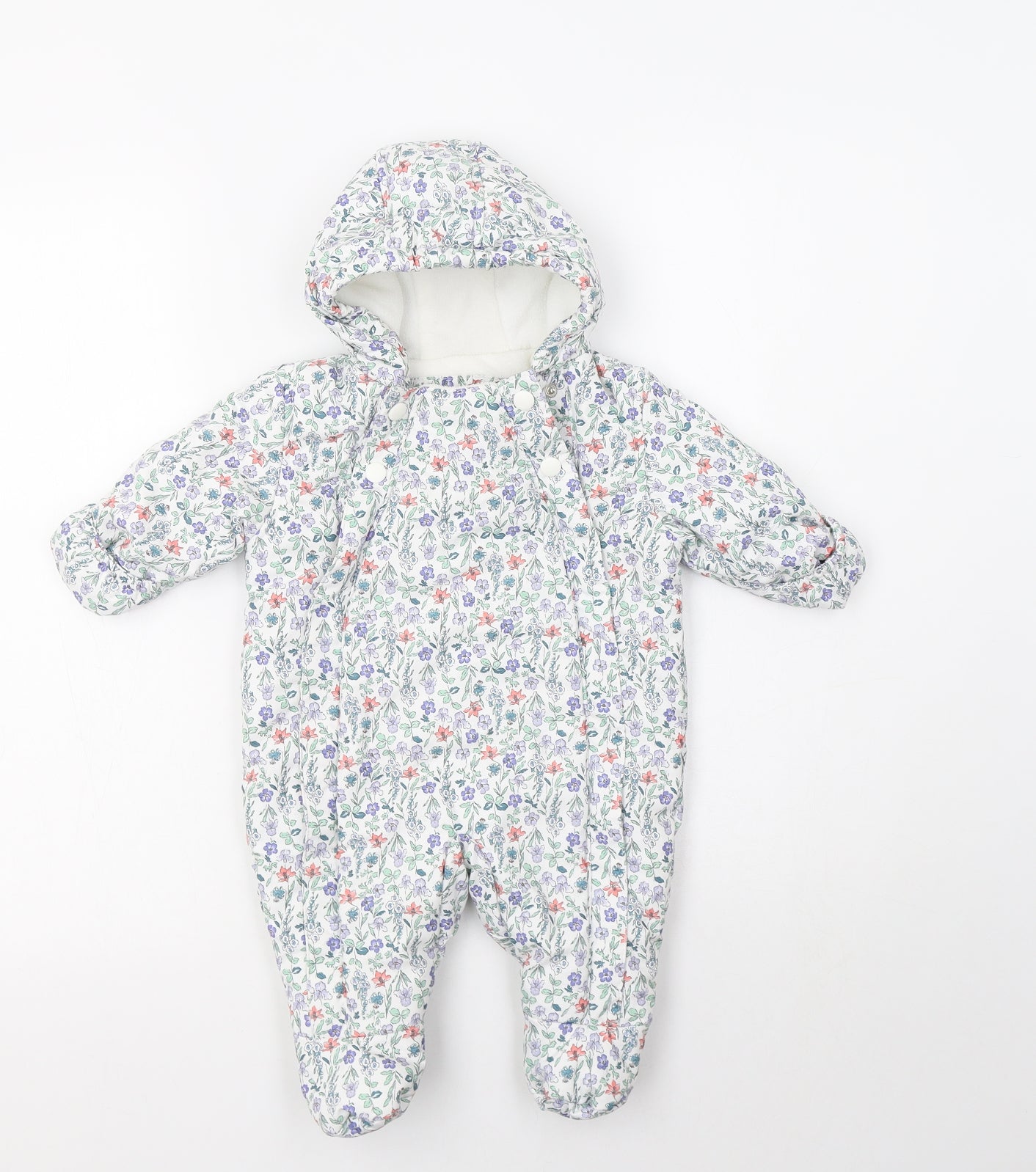 M&S Baby White Floral Polyester Coverall One-Piece Size 0-3 Months  Zip - Fluffy Lining