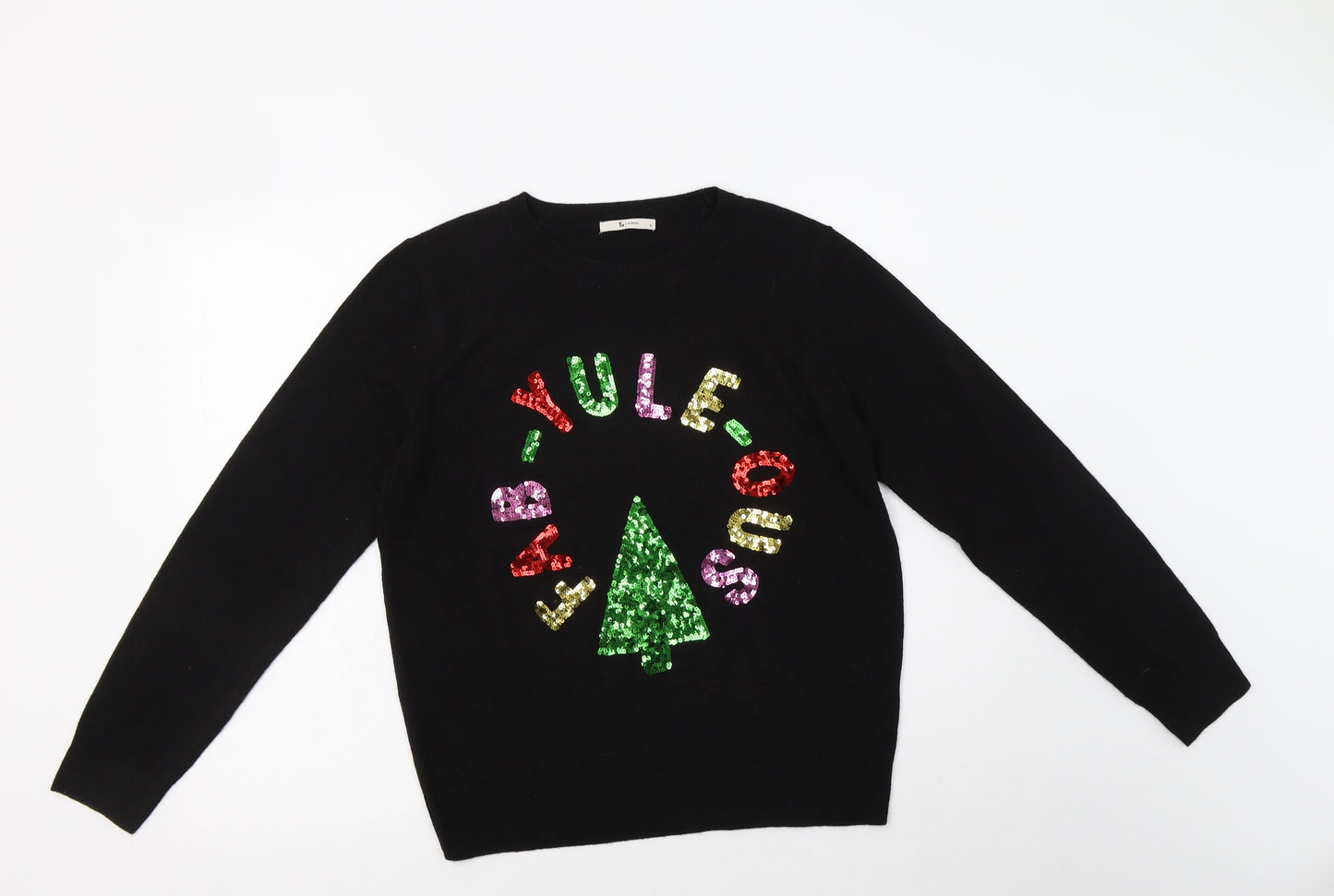 TU Womens Black Crew Neck  Acrylic Pullover Jumper Size 12   - Christmas