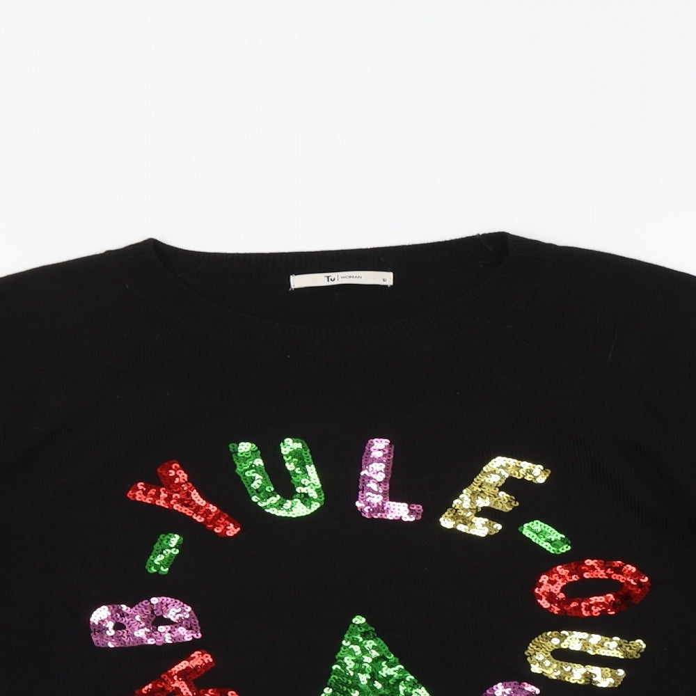 TU Womens Black Crew Neck  Acrylic Pullover Jumper Size 12   - Christmas