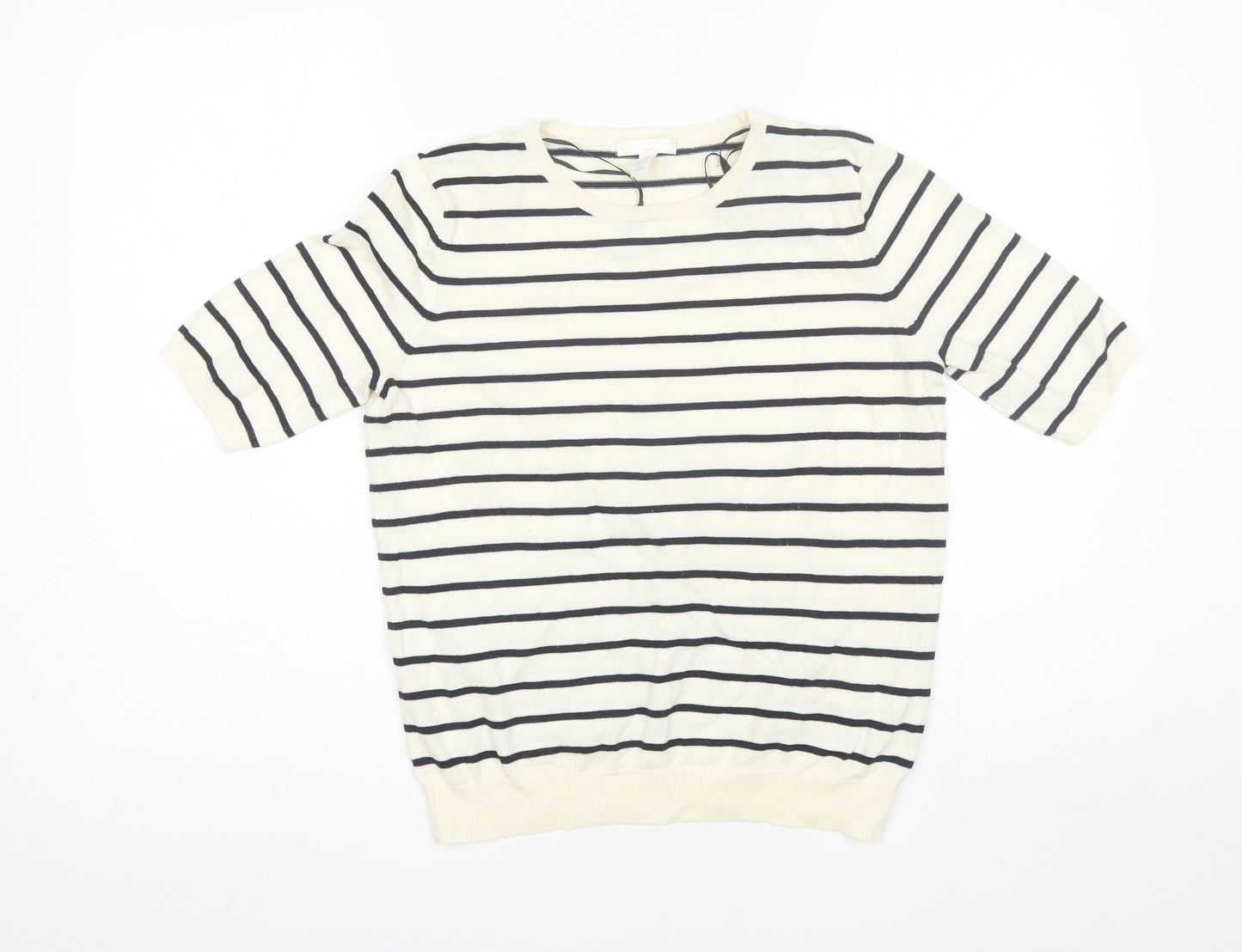 H&M Womens White Striped Viscose Basic T-Shirt Size M Round Neck