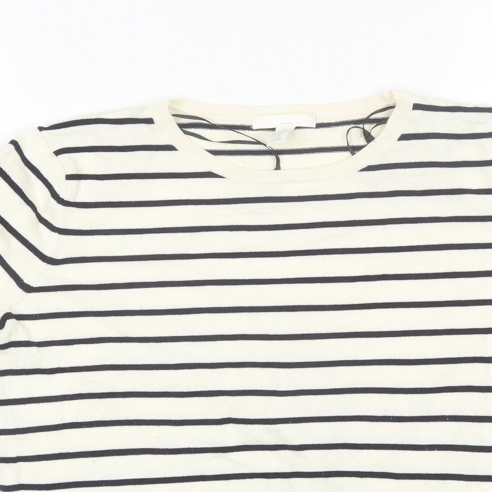 H&M Womens White Striped Viscose Basic T-Shirt Size M Round Neck