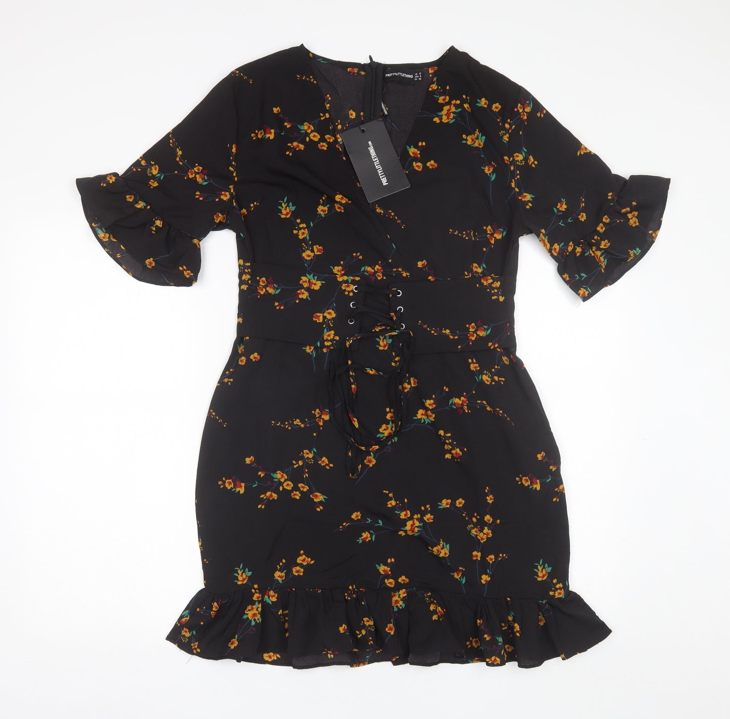 PRETTYLITTLETHING Womens Black Floral Polyester Shift  Size 12  V-Neck