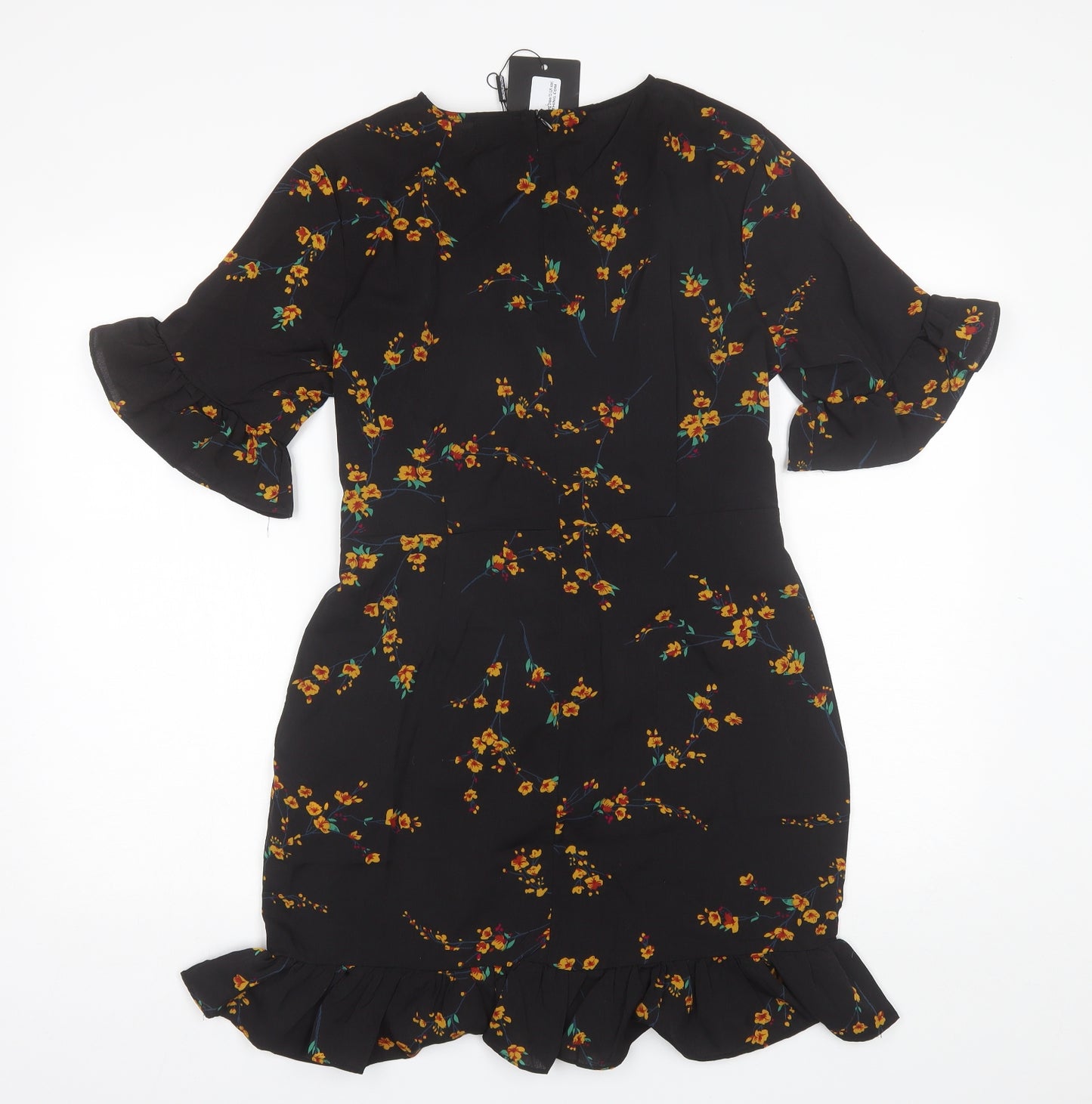 PRETTYLITTLETHING Womens Black Floral Polyester Shift  Size 12  V-Neck