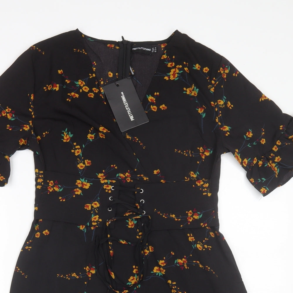 PRETTYLITTLETHING Womens Black Floral Polyester Shift  Size 12  V-Neck