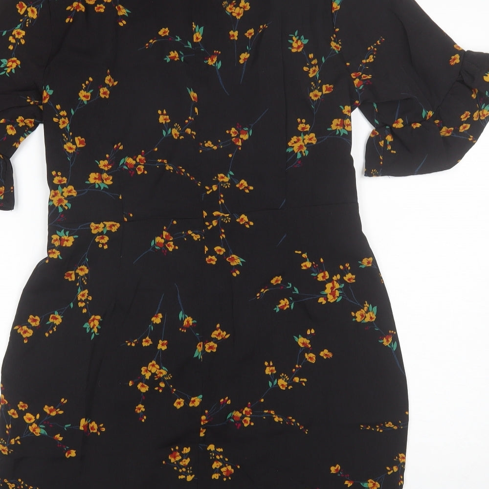PRETTYLITTLETHING Womens Black Floral Polyester Shift  Size 12  V-Neck