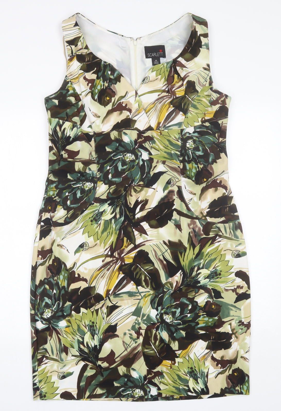 Scarlett Womens Green Floral Polyester Shift  Size 12  V-Neck