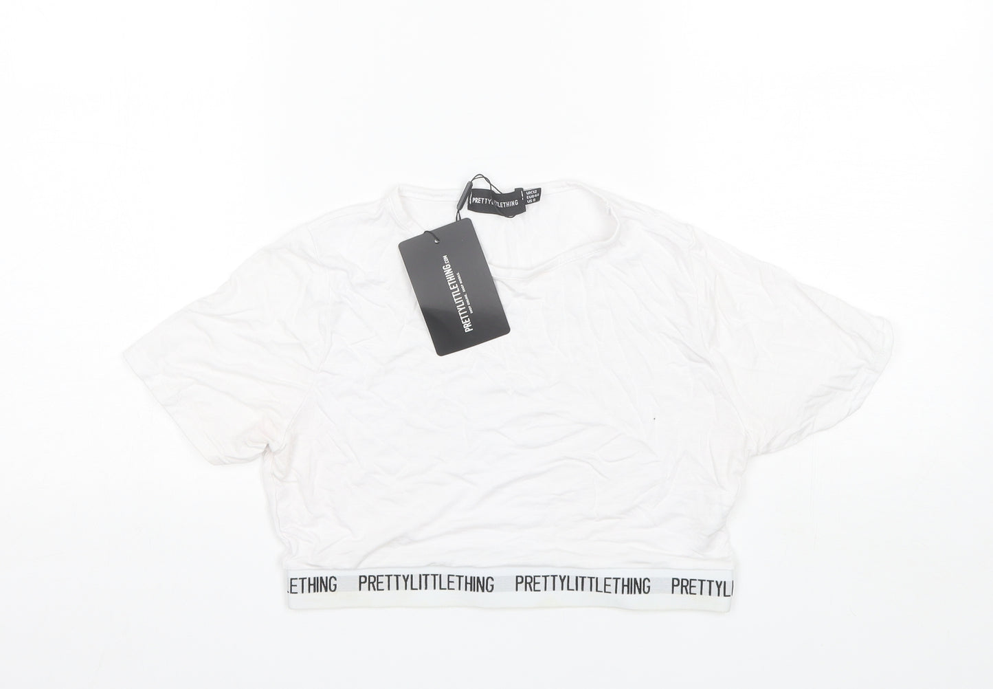 PRETTYLITTLETHING Womens White  Viscose Cropped T-Shirt Size 12 Round Neck