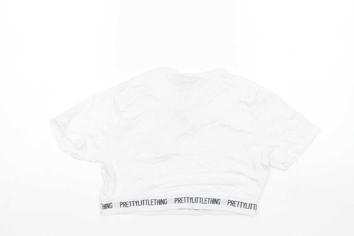 PRETTYLITTLETHING Womens White  Viscose Cropped T-Shirt Size 12 Round Neck