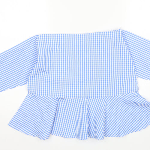 Fisherfield Womens Blue Plaid Polyester Blend Basic Blouse Size S Boat Neck