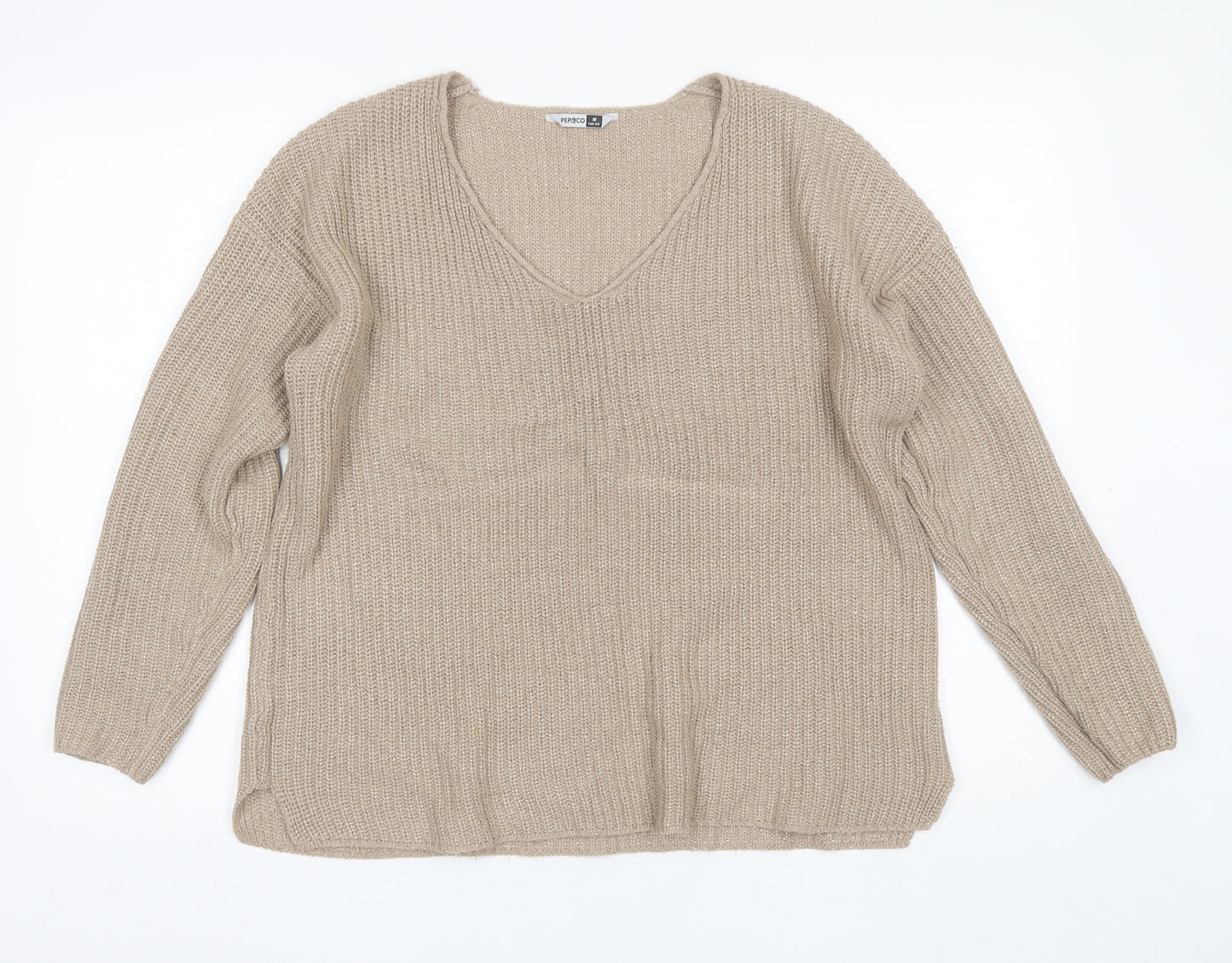 Pep&CO Womens Beige V-Neck  Acrylic Pullover Jumper Size 8