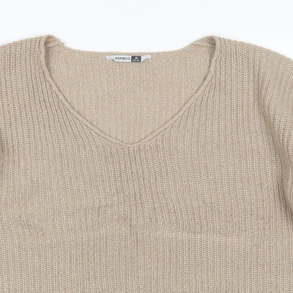 Pep&CO Womens Beige V-Neck  Acrylic Pullover Jumper Size 8