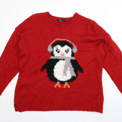 BM Mens Red Round Neck  Acrylic Pullover Jumper Size M   - Christmas Penguin