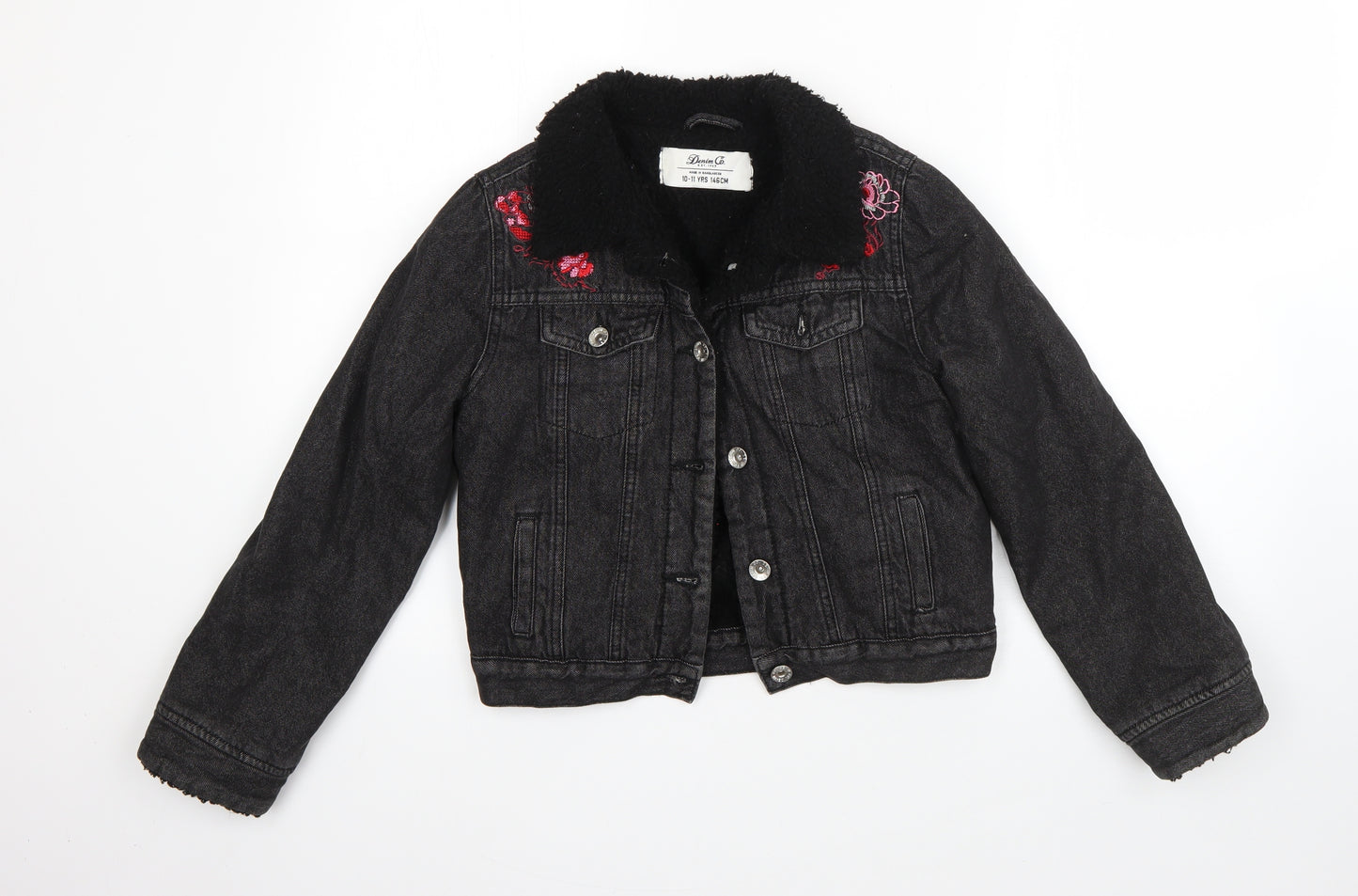 Denim Co Girls Black Floral  Jacket  Size 10-11 Years  Button